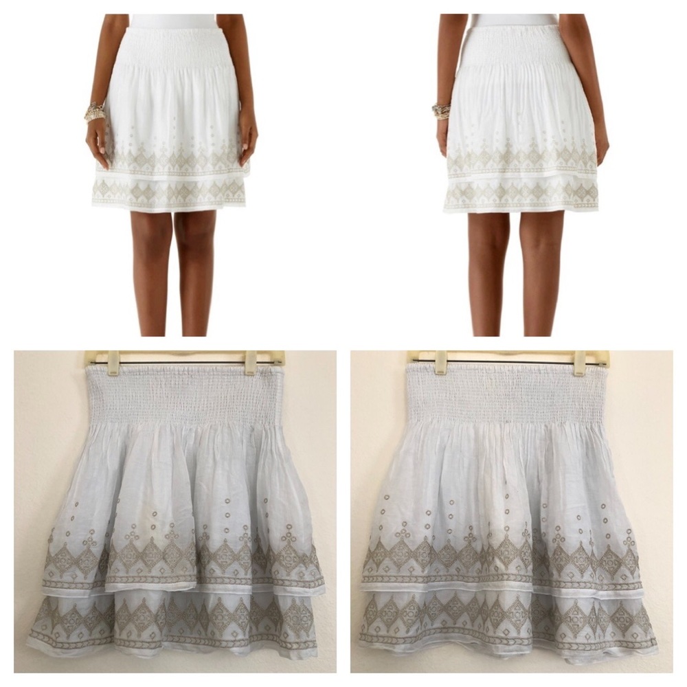 WHBM Embroidered Tiered Skirt White Gold M Cotton Silk S